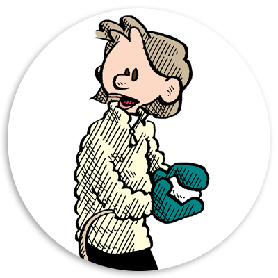 Cartoon character wearing a cozy sweater and blue mittens, looking back with a thoughtful expression.