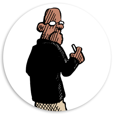Illustration of a man in a black jacket, holding a piece of chalk, standing in profile against a circular white background. The character has a thoughtful expression, suggesting engagement in a creative or educational activity.