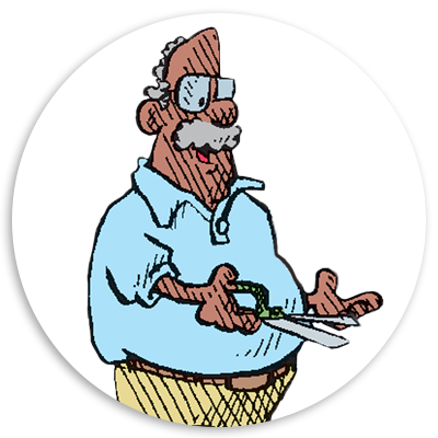 Cartoon illustration of a cheerful elderly man with glasses, holding a pair of scissors, wearing a light blue shirt and beige pants, set against a circular white background.