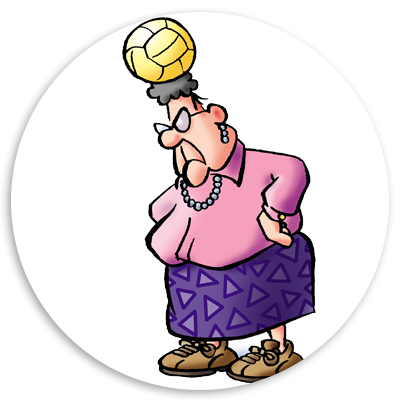 Cartoon illustration of a stern-looking elderly woman wearing a pink blouse and a patterned purple skirt, balancing a volleyball on her head. She has a necklace and is wearing brown shoes, with her arms crossed and an unimpressed expression.