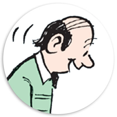 Illustration of a cheerful older man with a receding hairline, wearing a green sweater and smiling while looking down.