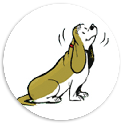 Cartoon illustration of a beagle dog sitting and howling, showcasing its distinctive floppy ears and expressive posture. The image is framed in a circular design, emphasizing the playful nature of the character.