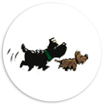 Two playful cartoon dogs, one large black dog with a green collar and a smaller brown dog, happily running together.