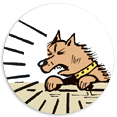 Cartoon illustration of a dog with a fierce expression, barking while leaning over a wooden surface, with lines indicating sound waves around it.