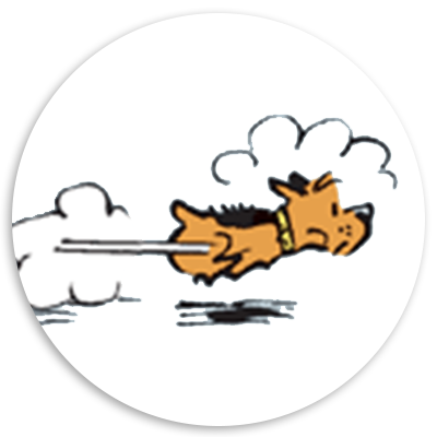 Cartoon illustration of a dog sprinting energetically with motion lines and puffs of dust, conveying speed and excitement.