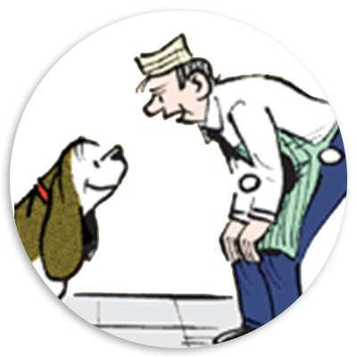 A cartoon illustration of a smiling dog with floppy ears looking up at a man in an apron, who is bending down and engaging with the dog. The scene conveys a friendly interaction between the man and the dog, highlighting a lighthearted moment.