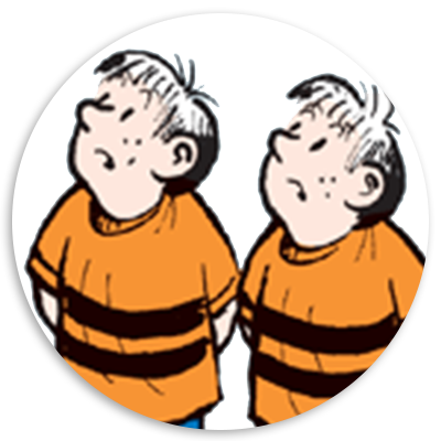 Two cartoon boys with short hair wearing orange shirts with black stripes, standing side by side with a defiant expression.