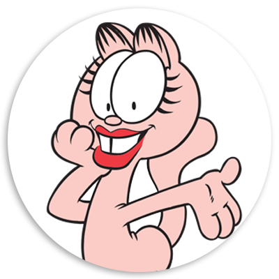 Cartoon character with a playful expression, large eyes, and exaggerated features, smiling and gesturing with one hand, set against a circular background.