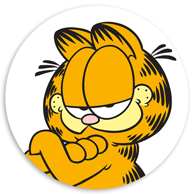 Cartoon character Garfield with orange fur and a mischievous expression, crossing his arms, showcasing his iconic lazy and humorous personality.