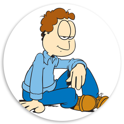 Cartoon character with curly red hair, wearing a blue shirt and blue pants, sitting casually with a relaxed expression.