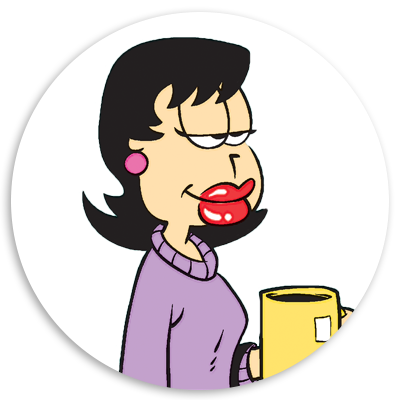 Cartoon character with black hair and exaggerated red lips, wearing a purple sweater and holding a yellow coffee mug, set against a white circular background.