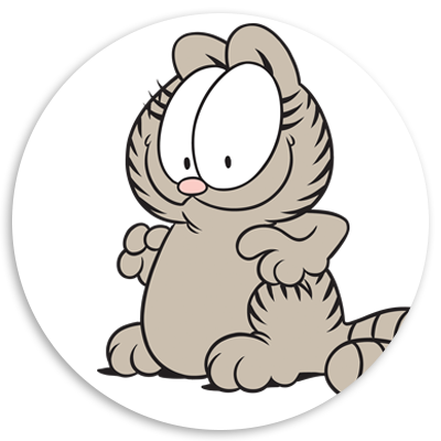 Cartoon illustration of a playful, chubby cat character with large eyes and a round body, set against a circular white background.