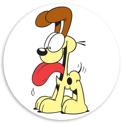 Cartoon character of a playful dog with a big tongue and expressive eyes, standing with a happy demeanor and droopy ears, set against a circular white background.