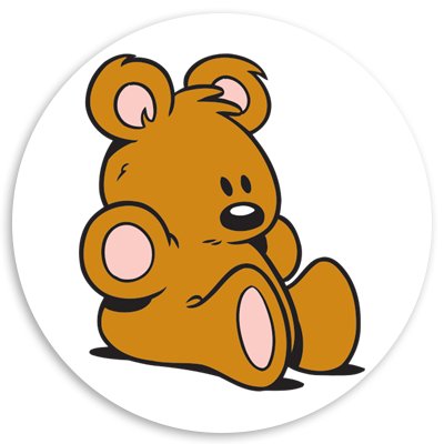 Cartoon illustration of a cute, sitting brown teddy bear with a round face and large ears, set against a white circular background.