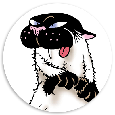 Cartoon illustration of a mischievous cat with exaggerated features, including a large nose, fangs, and a playful expression. The cat is depicted with a white fur coat and black markings, set against a circular background.
