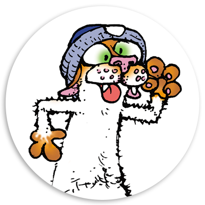 Cartoon character with a playful expression, wearing a blue beanie, showing excitement with its tongue out and paw raised, set against a circular white background.