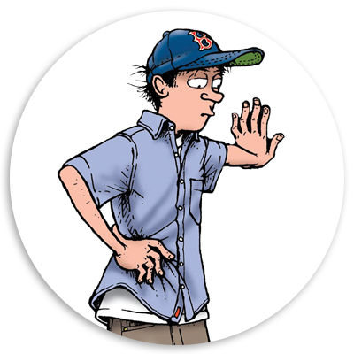 Illustration of a young boy wearing a blue shirt and a Boston Red Sox cap, gesturing with his hand in a stop motion, conveying surprise or caution.