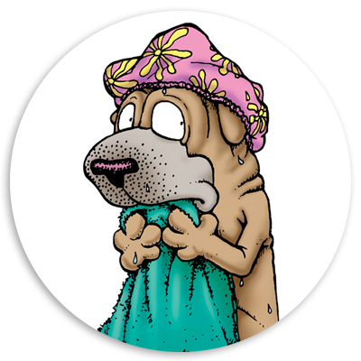 Cartoon dog wearing a colorful shower cap, holding a towel and looking surprised or anxious, with water droplets on its fur, set against a circular white background.