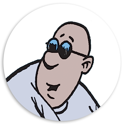 Cartoon character with a bald head and sunglasses, looking surprised or curious, set against a white background in a circular frame.