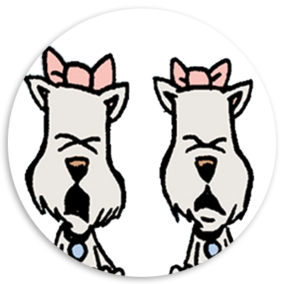 Cartoon illustration of two white dogs with pink bows, both showing expressions of discontent or annoyance.