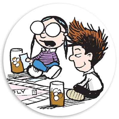 Two cartoon characters sitting on a floor, engaged in a game of Monopoly. One character, wearing glasses and a striped shirt, is animatedly talking while the other, with spiky hair, listens attentively. Both have glasses of beer beside them, creating a casual, fun atmosphere.