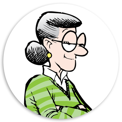 Cartoon character of a smiling older woman with glasses and a bun hairstyle, wearing a green striped sweater, depicted in a circular frame.