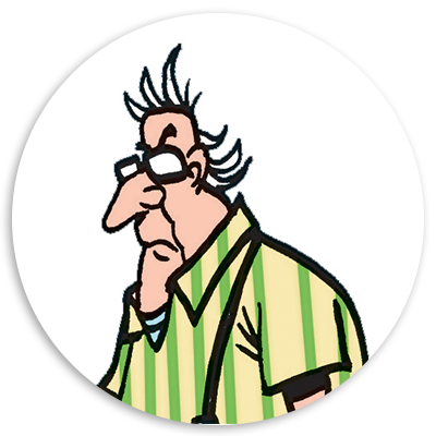Cartoon character with messy hair and glasses, wearing a striped yellow and green shirt, depicted in a circular frame.