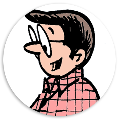 Cartoon character with glasses and a cheerful expression, wearing a red checkered shirt and bow tie, depicted in profile against a circular background.