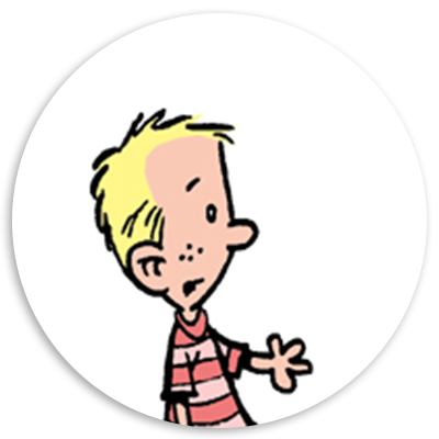 Cartoon character with short blonde hair wearing a red and white striped shirt, looking surprised and gesturing with one hand.