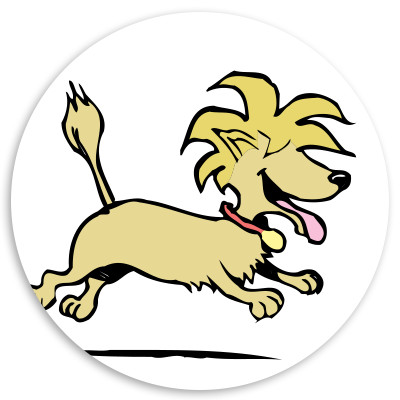 Cartoon illustration of a playful golden dog with a spiky mane, running joyfully with its tongue out and a collar, set against a circular white background.