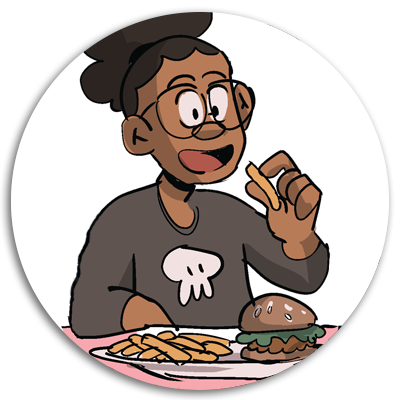 A person enjoying a meal of fries and a burger, smiling while holding a fry, wearing glasses and a casual shirt with a skull design.