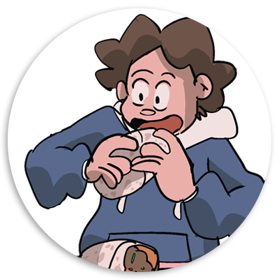 A cartoon character with curly hair wearing a blue hoodie is eagerly eating a large sandwich, showcasing a joyful expression.