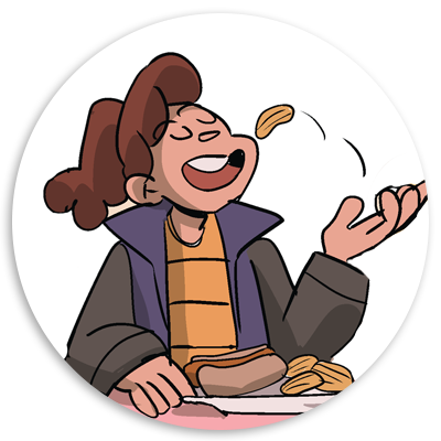 Child enjoying snacks, playfully tossing a piece of food into their mouth, with a happy expression. The character is wearing a purple jacket and a striped shirt, seated at a table.