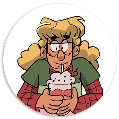 Cartoon character with curly blonde hair and glasses, holding a large milkshake topped with whipped cream and a cherry, wearing a green shirt and plaid sleeves.