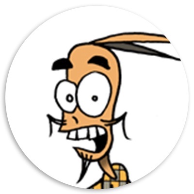 Cartoon character with a surprised expression, featuring large eyes, a prominent mustache, and long ears, set against a white background.