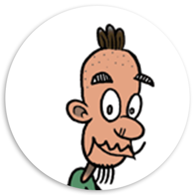 Cartoon character with a quirky hairstyle, prominent facial features, and a mischievous expression, set against a circular white background.