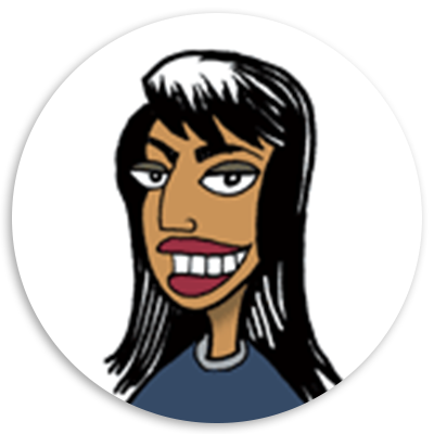 Cartoon illustration of a young woman with long black hair and a prominent smile, wearing a blue shirt, set against a circular background.