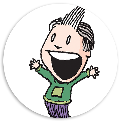 Cartoon illustration of a joyful boy with spiky hair, wearing a green sweater and purple pants, smiling widely with arms raised in excitement against a white circular background.
