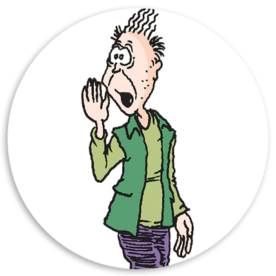 Cartoon illustration of an elderly man with messy hair, wearing a green vest and purple pants, cupping his hand to his mouth as if whispering or sharing a secret.