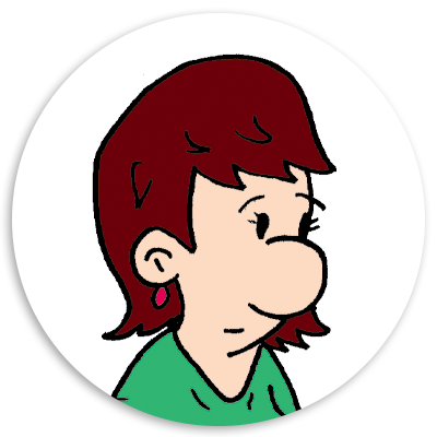Illustration of a cartoon girl with short, wavy red hair and a green shirt, smiling gently against a white circular background.