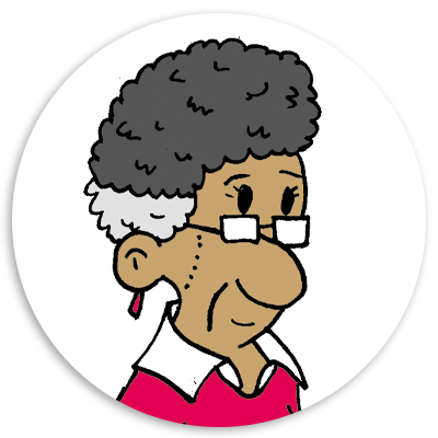 Cartoon illustration of an elderly woman with curly gray hair and glasses, wearing a pink shirt, set against a circular white background.