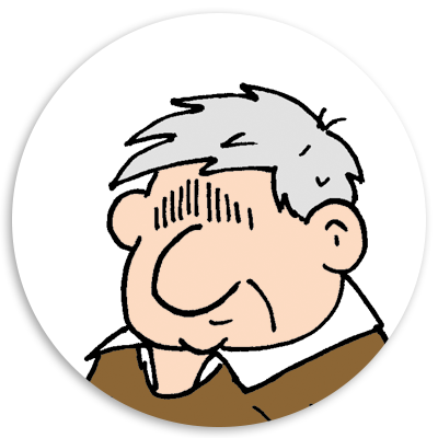 Cartoon illustration of an elderly man with gray hair and a friendly smile, wearing a brown sweater and white collared shirt, set against a circular background.