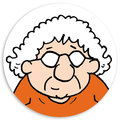 Cartoon character with curly white hair and glasses, wearing an orange shirt, depicted in a circular frame.