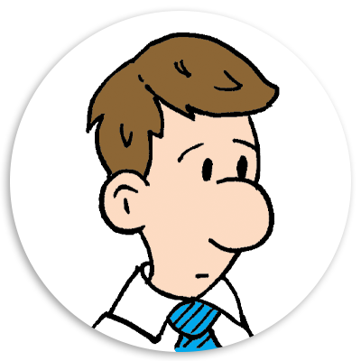Cartoon character with brown hair and a blue tie, looking thoughtful against a white circular background.