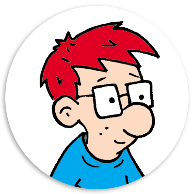 Cartoon character with red hair and glasses, wearing a blue shirt, smiling and looking to the side against a circular white background.