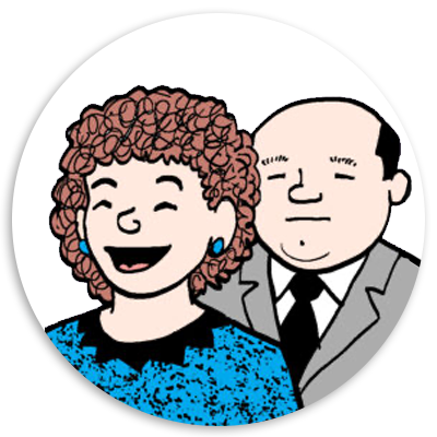 Illustration of a cheerful woman with curly hair wearing a blue top, smiling, and a man in a gray suit standing behind her with a neutral expression. The image is circular and emphasizes a friendly, cartoonish style.