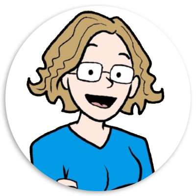 Cartoon illustration of a smiling woman with glasses and curly hair, wearing a blue shirt, set in a circular frame.