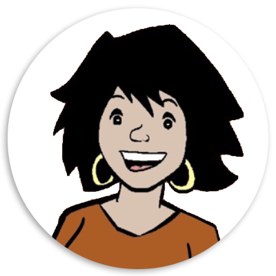 Cartoon character with short black hair and large earrings, smiling and wearing an orange shirt, set against a circular background.