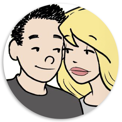 Illustration of a couple smiling together, featuring a man with dark hair and a woman with blonde hair, in a simple cartoon style.