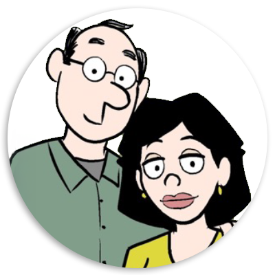 Cartoon illustration of a couple, a bespectacled man with short hair wearing a green shirt and a woman with black hair and yellow top, both smiling in a circular frame.